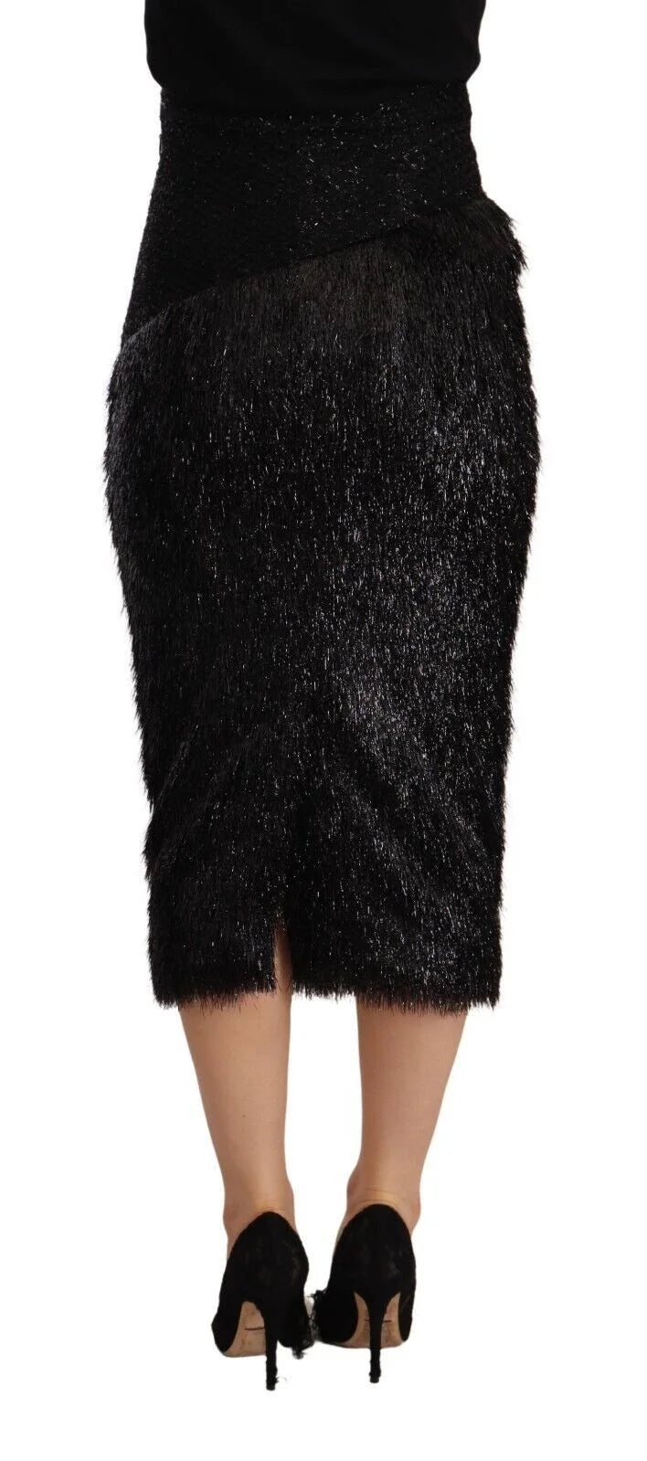 Masha Ma Black Tinsel High Waist Pencil Midi Viscose Skirt - IT38|XS