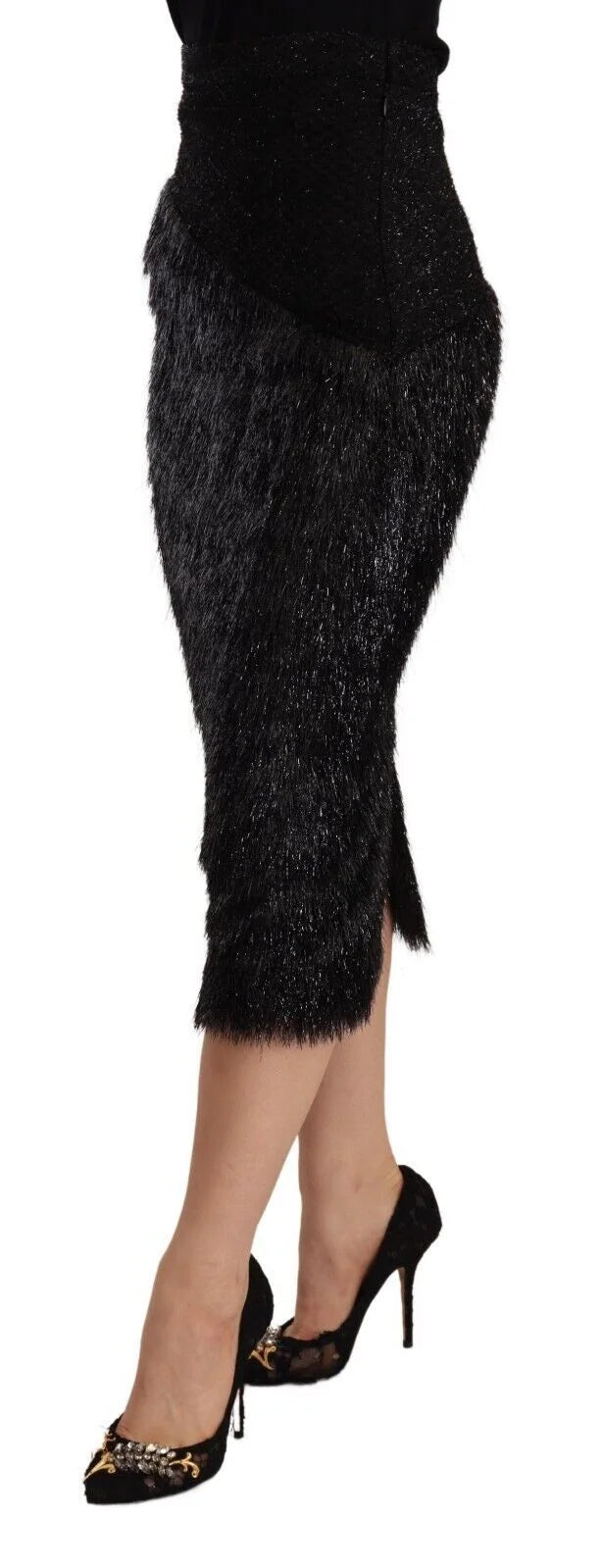 Masha Ma Black Tinsel High Waist Pencil Midi Viscose Skirt - IT38|XS
