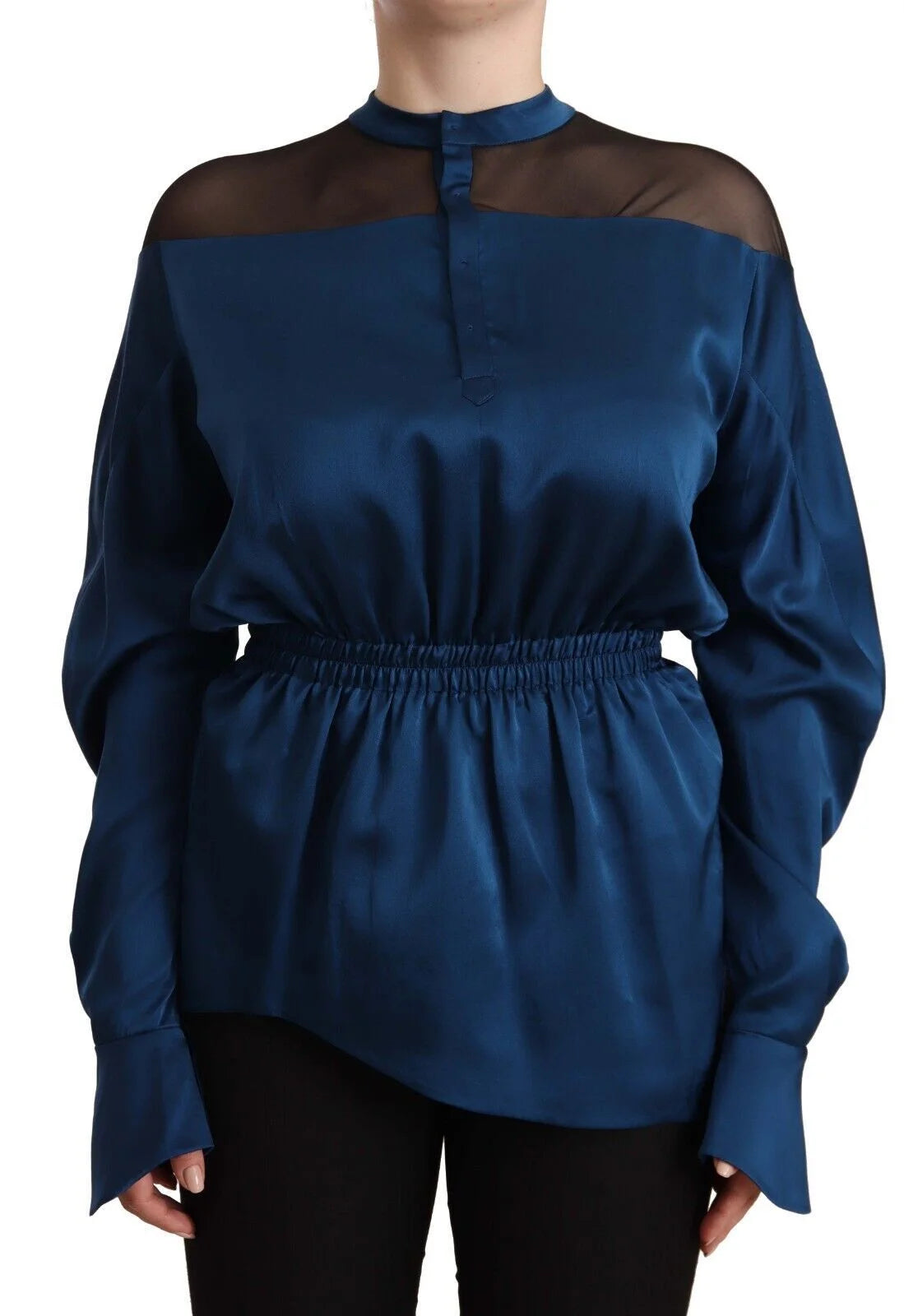 Masha Ma Blue Silk Long Sleeves Elastic Waist Top Blouse - Blouses
