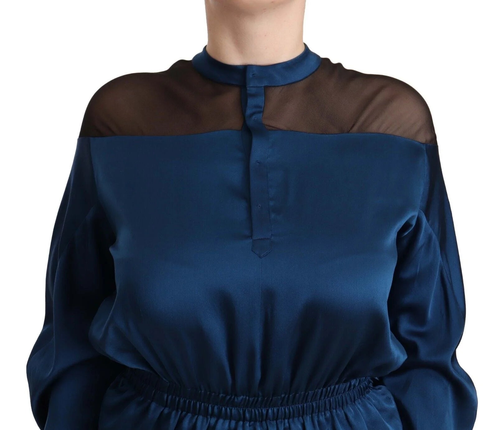 Masha Ma Blue Silk Long Sleeves Elastic Waist Top Blouse - Blouses