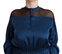 Masha Ma Blue Silk Long Sleeves Elastic Waist Top Blouse - Blouses