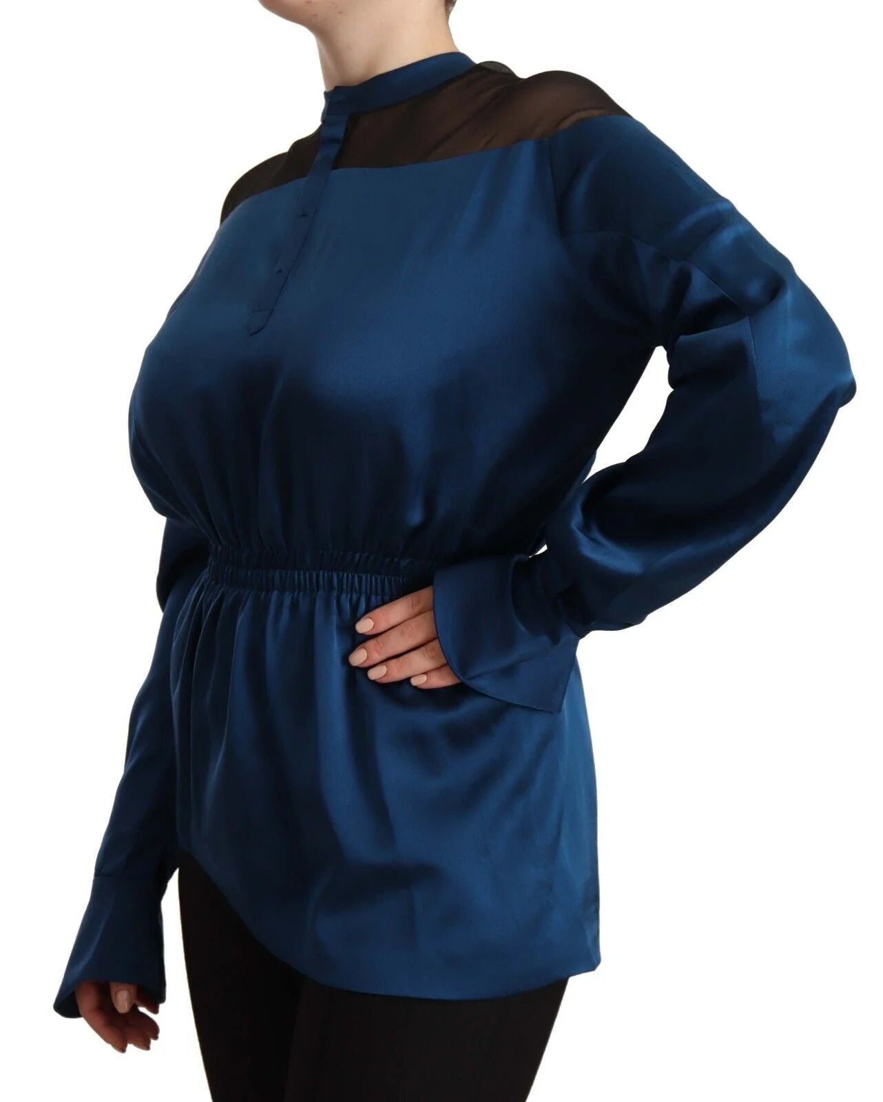 Masha Ma Blue Silk Long Sleeves Elastic Waist Top Blouse - Blouses