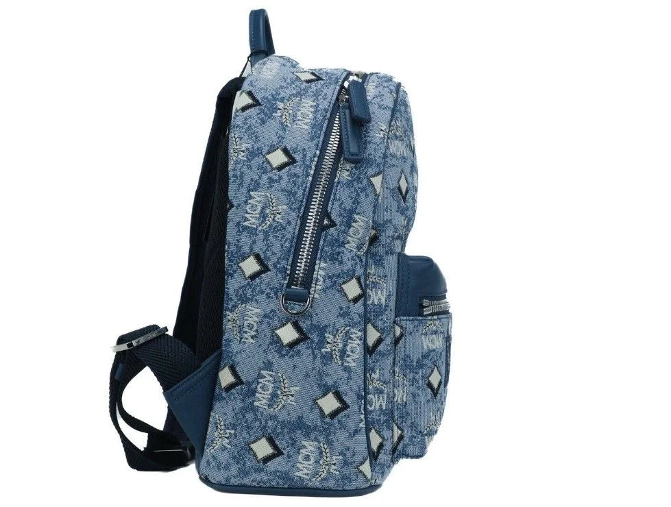 MCM Stark Small Blue Vintage Jacquard Monogram Logo Fabric Backpack Bookbag - Backpacks