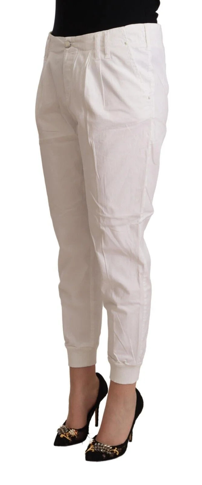 Met White Cotton Mid Waist Tapered Cropped Pants - W30 - Trousers