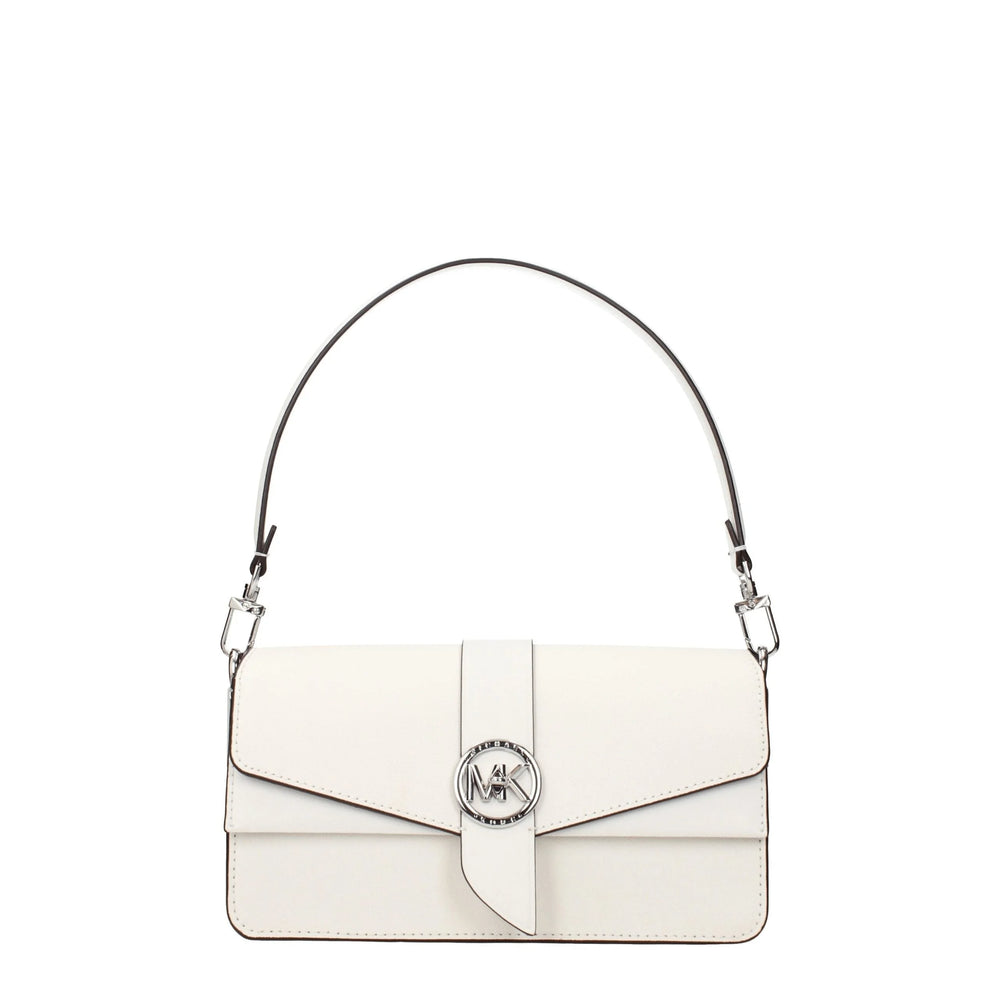 Přední pohled na bílou koženou kabelku Michael Kors se strukturovanou siluetou a zlatým kováním.