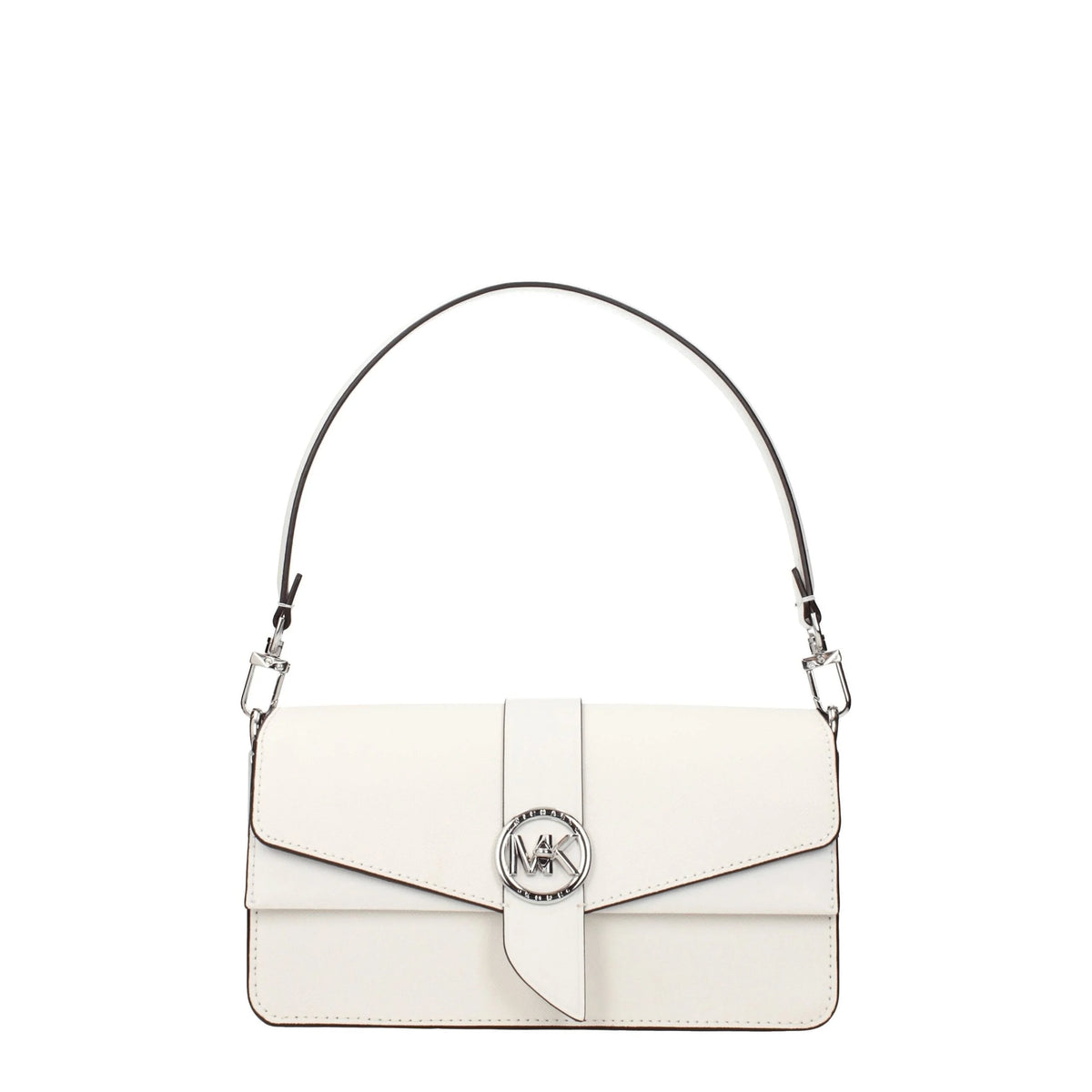 Přední pohled na bílou koženou kabelku Michael Kors se strukturovanou siluetou a zlatým kováním.