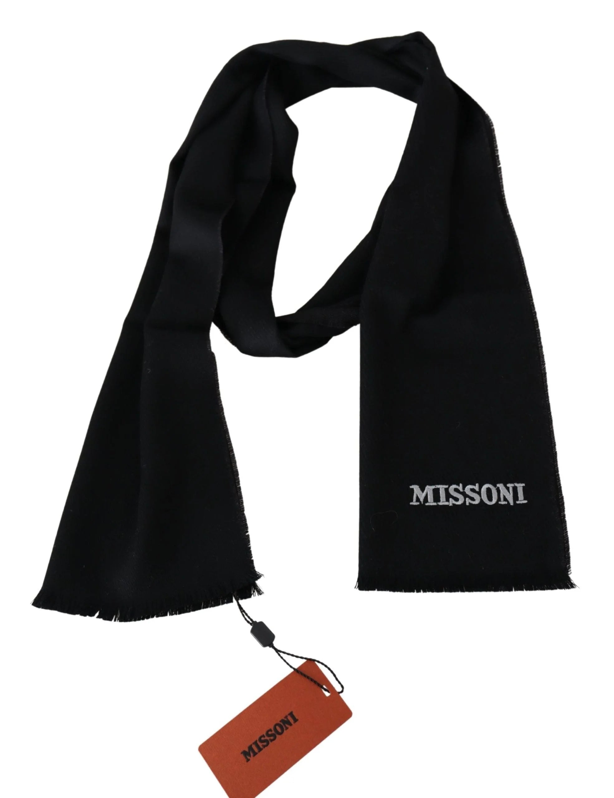 Missoni Black 100% Wool Unisex Neck Wrap Fringes Logo Scarf - Scarves & Shawls