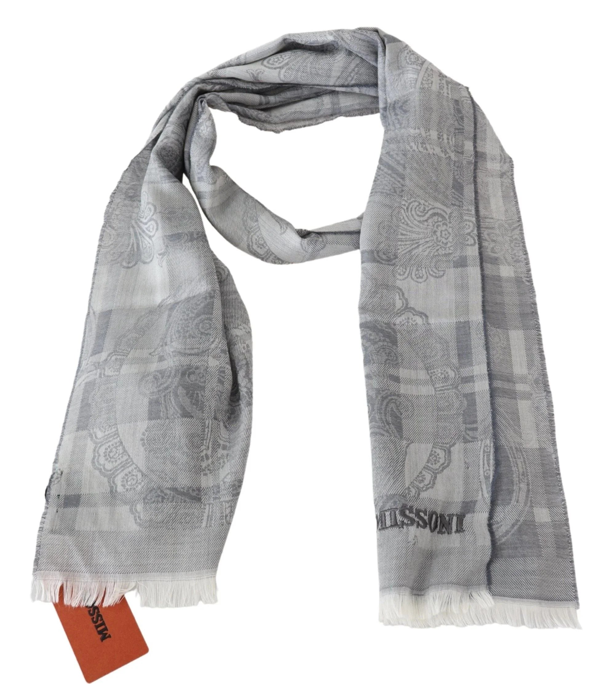 Missoni Gray Floral Wool Unisex Neck Wrap Fringes Scarf - Scarves & Shawls