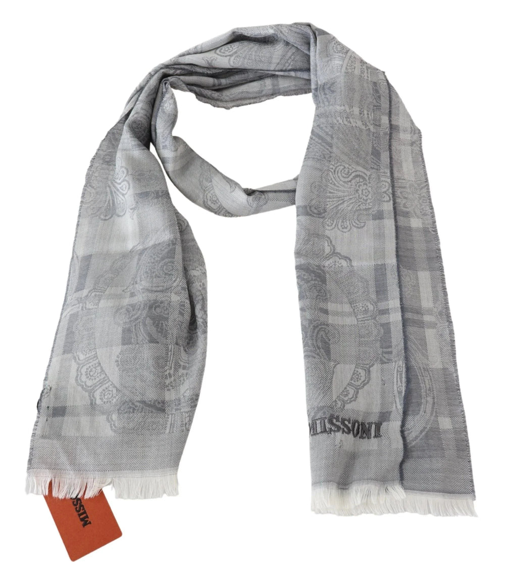 Missoni Gray Floral Wool Unisex Neck Wrap Fringes Scarf - Scarves & Shawls