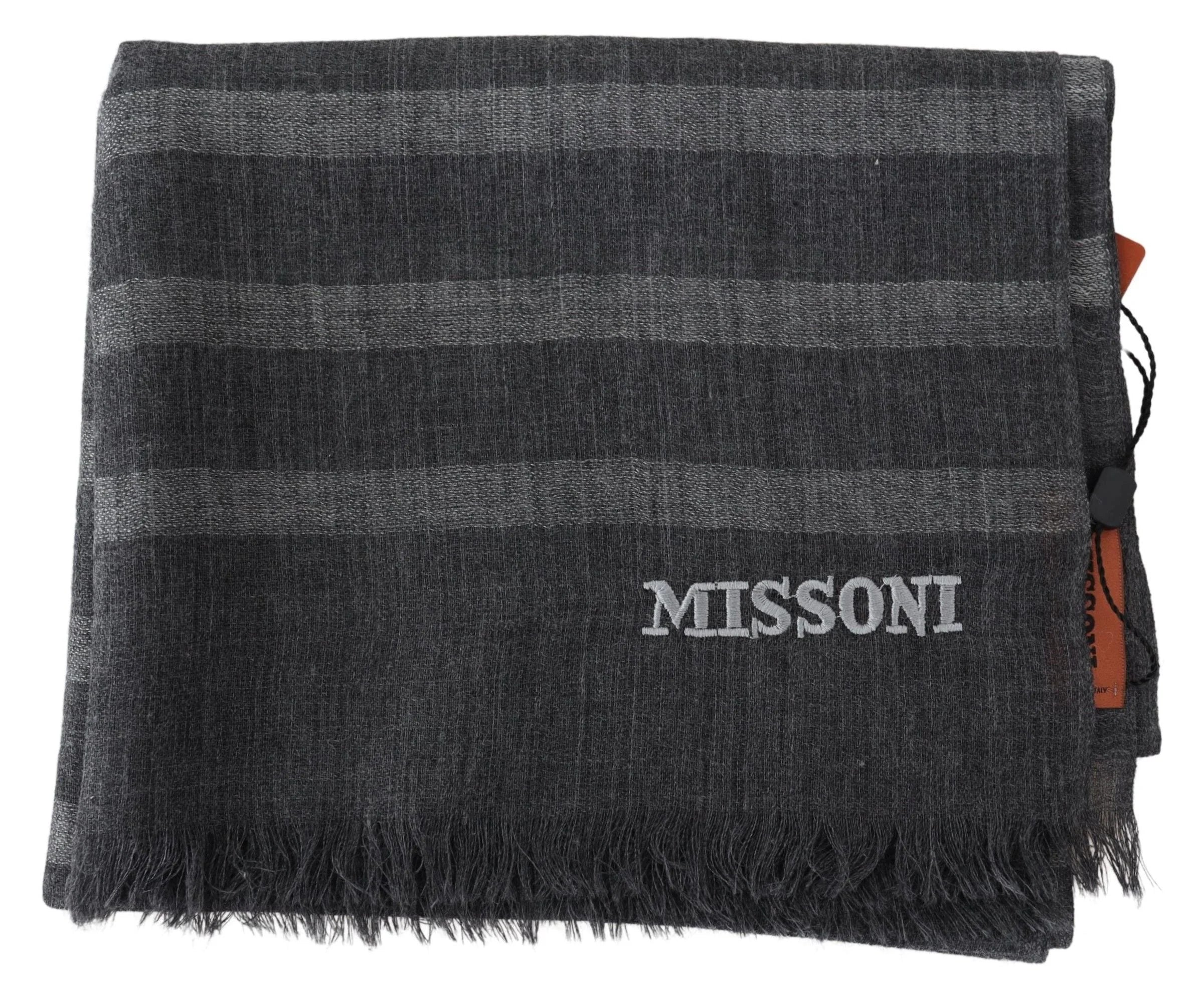 Missoni Gray Striped Wool Unisex Neck Wrap Fringes Scarf - Scarves & Shawls