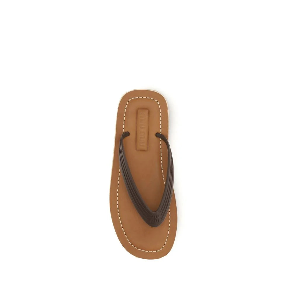 Miu Miu Brown Calf Leather Bos Taurus Flip-Flop Sandals - EU37/US7
