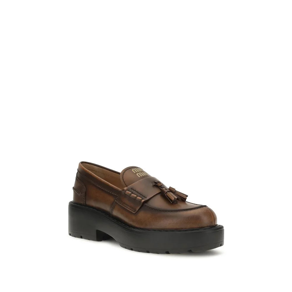 Miu Miu Brown Calf Leather Bos Taurus Platform Loafers