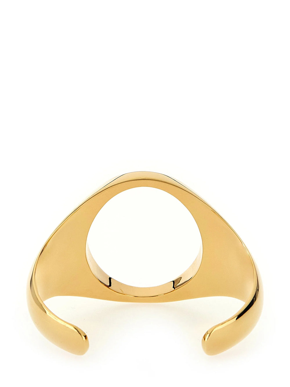 Side view of the MM6 Maison Margiela brass bracelet in polished gold, showcasing the sleek open-cuff design.