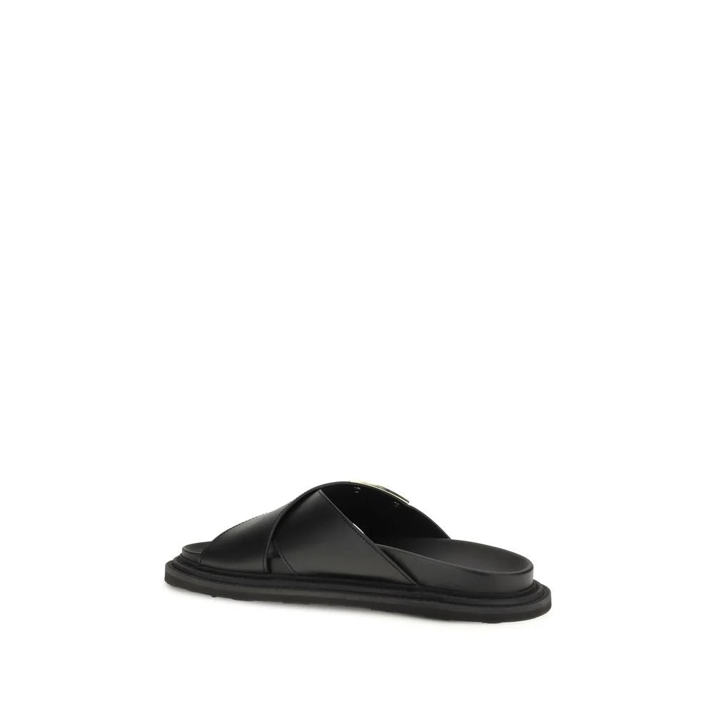 Moschino Black Calf Leather Bos Taurus Flat Sandals - EU45/US12