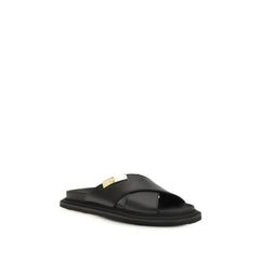 Moschino Black Calf Leather Bos Taurus Flat Sandals - EU45/US12