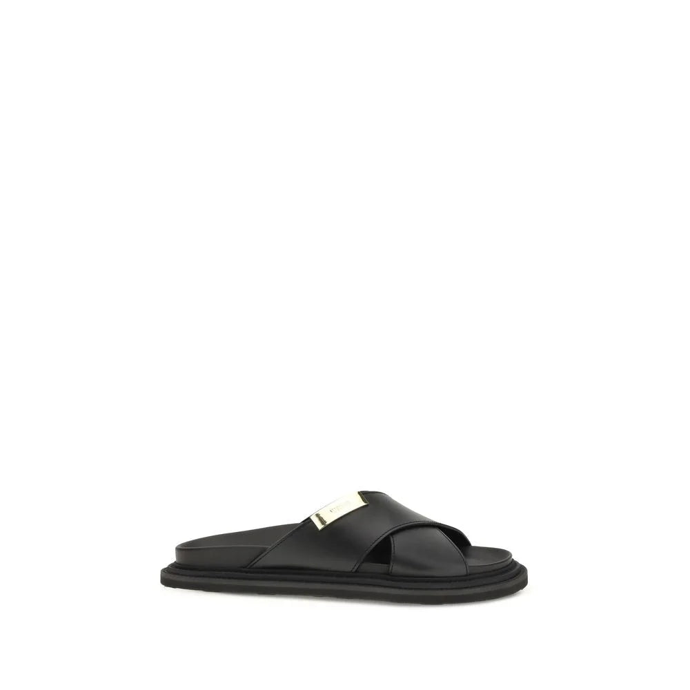 Moschino Black Calf Leather Bos Taurus Flat Sandals - EU45/US12