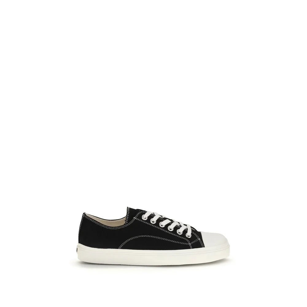 Front view of Moschino black cotton low top sneakers featuring a clean silhouette and tonal laces for a refined look.