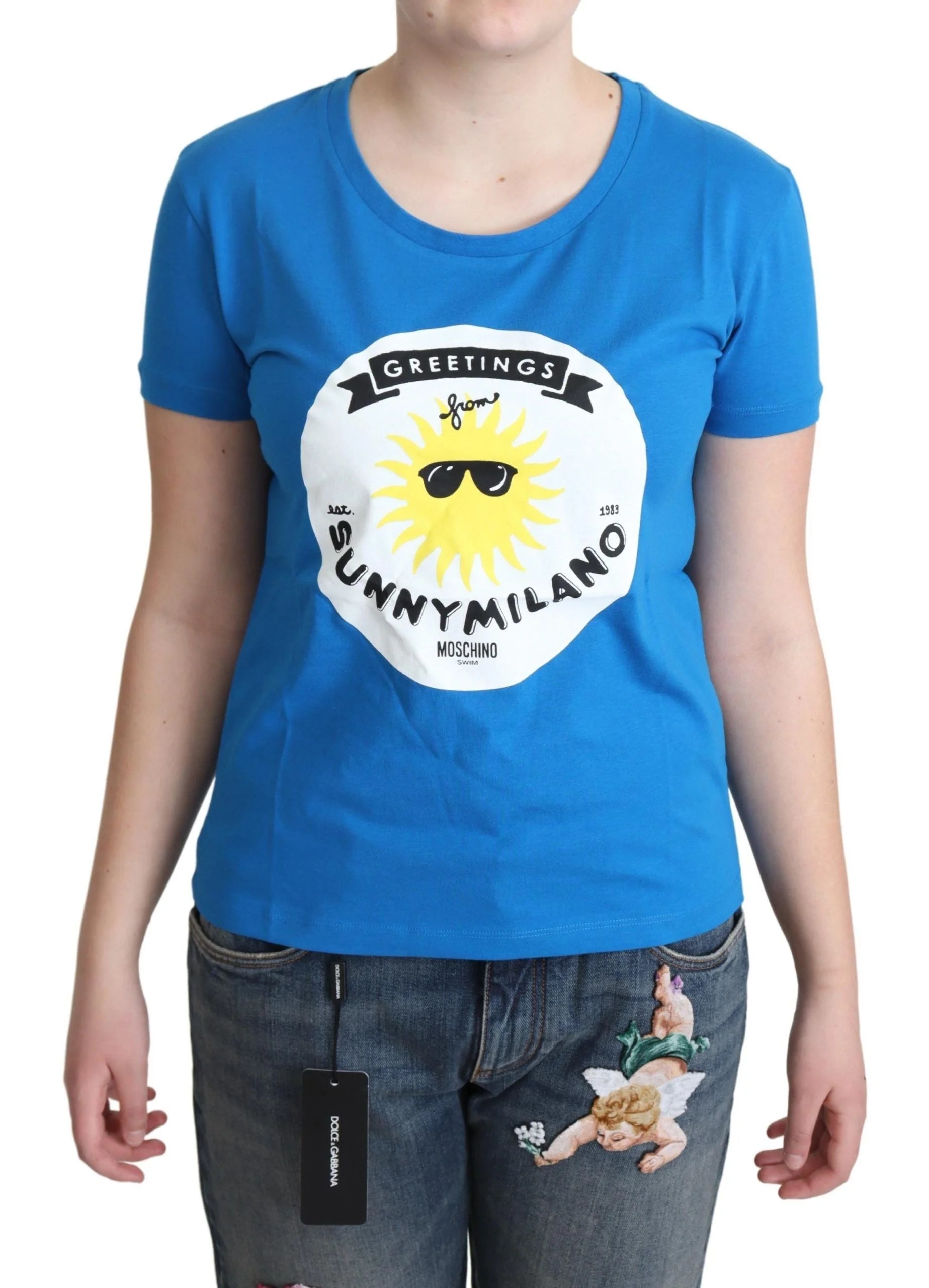 Moschino Blue Cotton Sunny Milano Print Tops T-shirt - T-Shirts