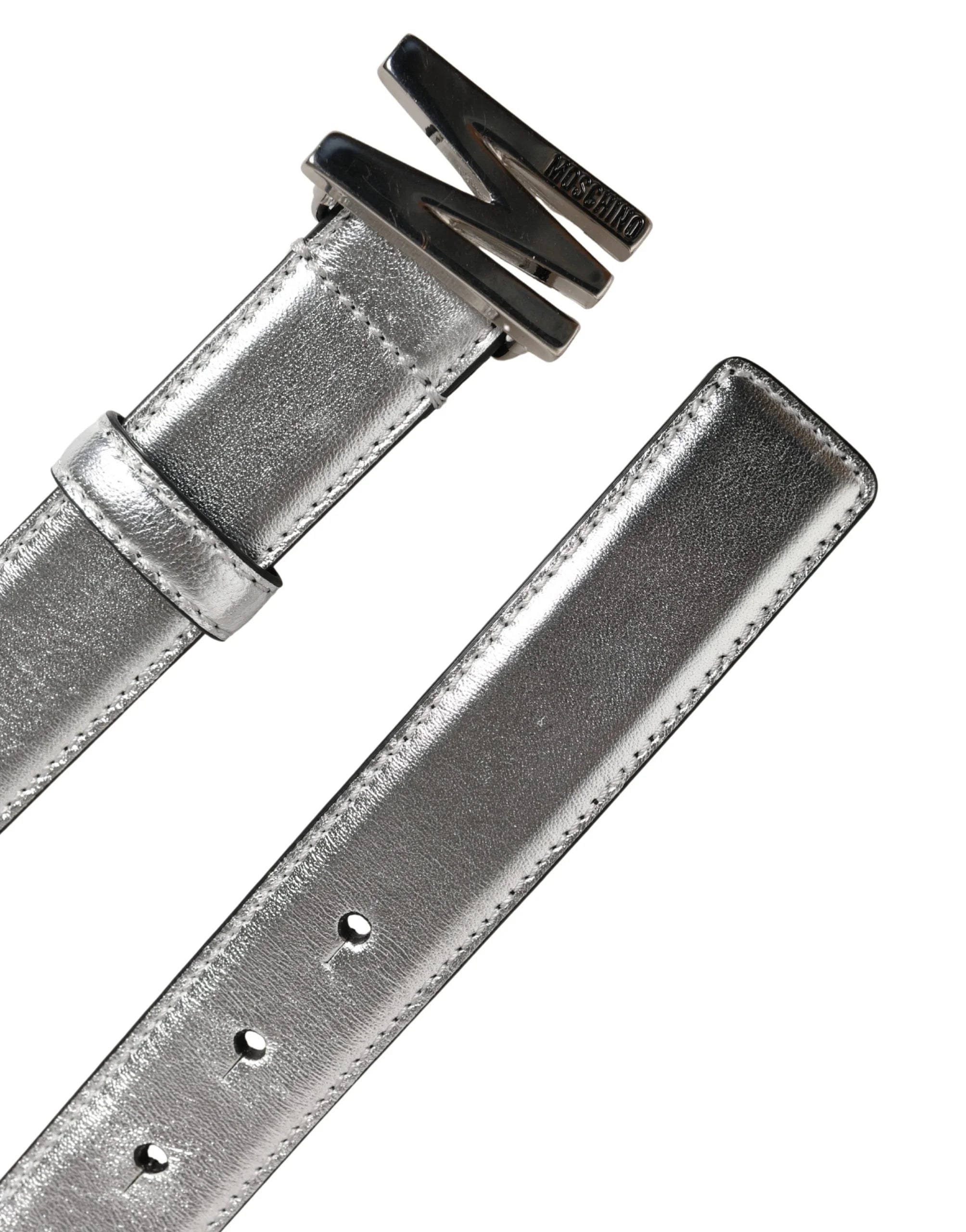 Moschino Couture Silver Leather Logo Metal Buckle Waist Belt - IT40| L