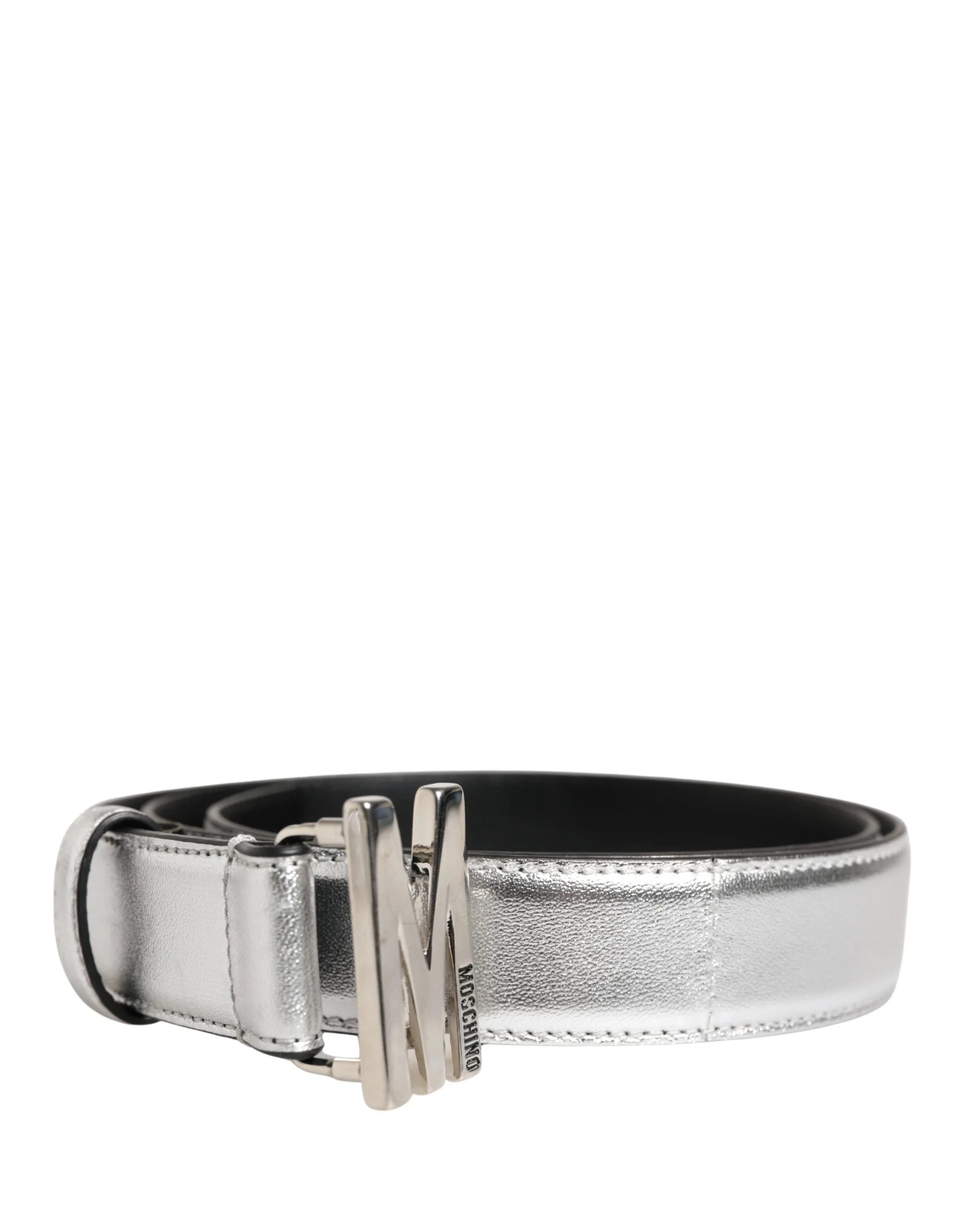Moschino Couture Silver Leather Logo Metal Buckle Waist Belt - IT40| L