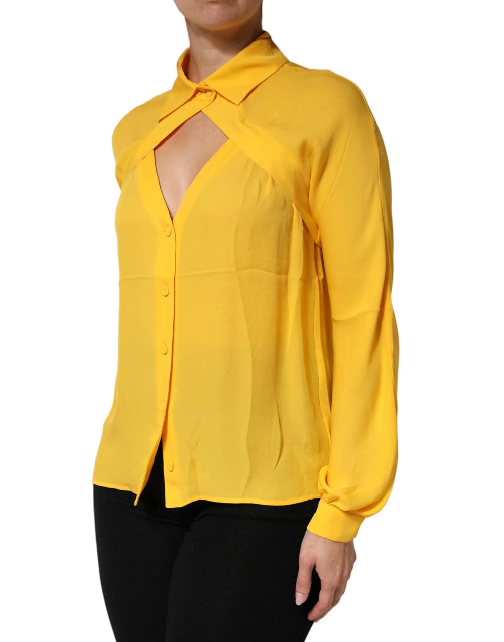 Moschino Couture Yellow Silk Collared Long Sleeves Top - IT38|XS