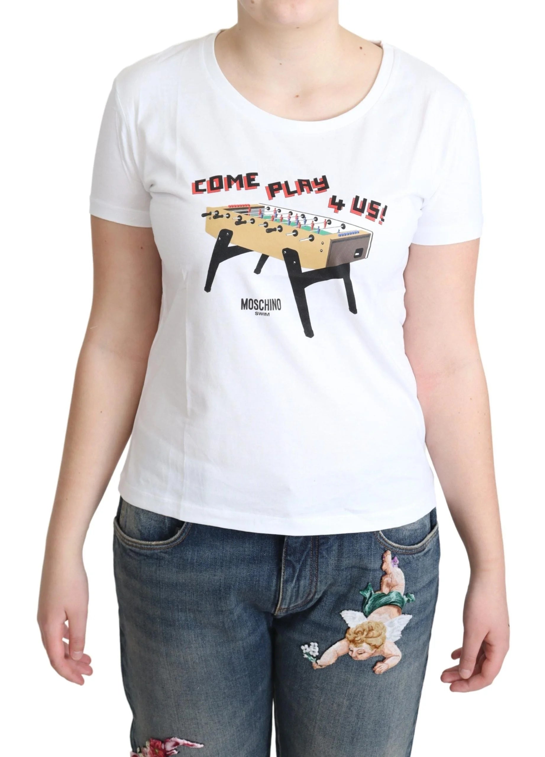 Moschino White Cotton Come Play 4 Us Print Tops T-shirt - T-Shirts