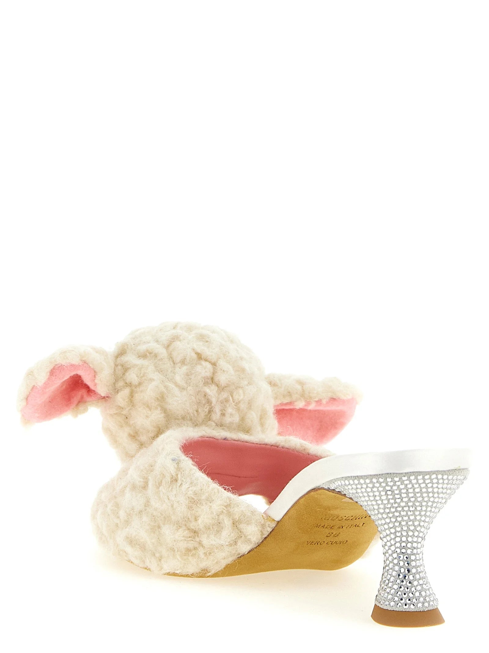 Rear view of Moschino luxury flat mules highlighting the open-back construction and premium virgin wool finish.