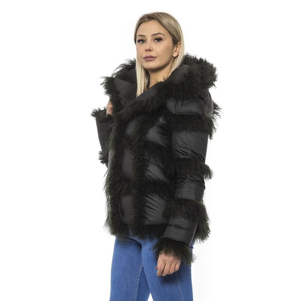 Mr&Mrs Italy Black Poly Jacket with Lamb Fur Hood for Women - M