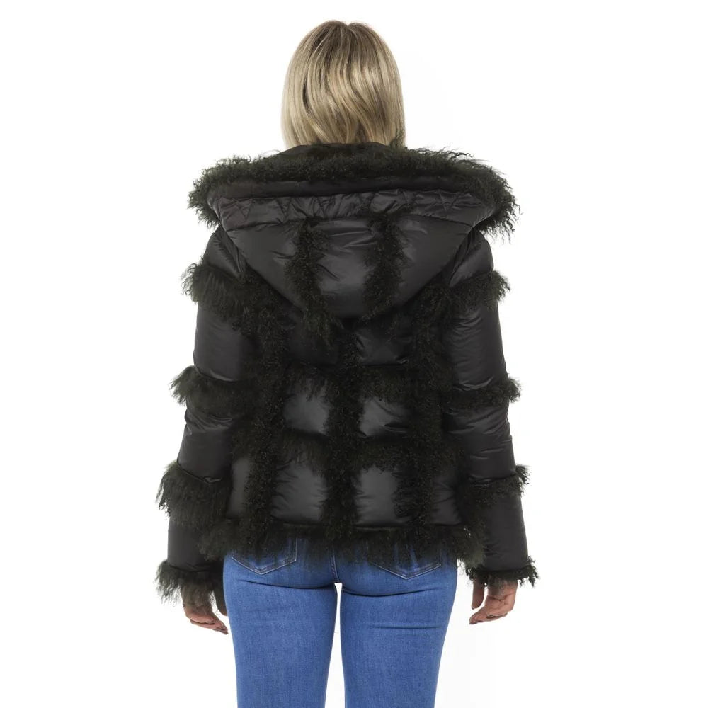 Mr&Mrs Italy Black Poly Jacket with Lamb Fur Hood for Women - M