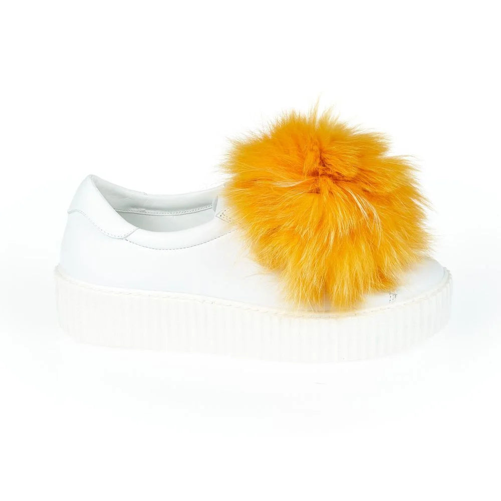 Mr&Mrs Italy White Textile Women Sneaker with Fur Pom Poms - Sneakers