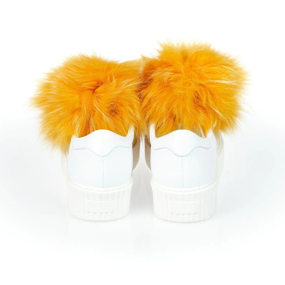 Mr&Mrs Italy White Textile Women Sneaker with Fur Pom Poms - Sneakers