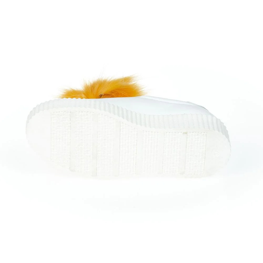 Mr&Mrs Italy White Textile Women Sneaker with Fur Pom Poms - Sneakers