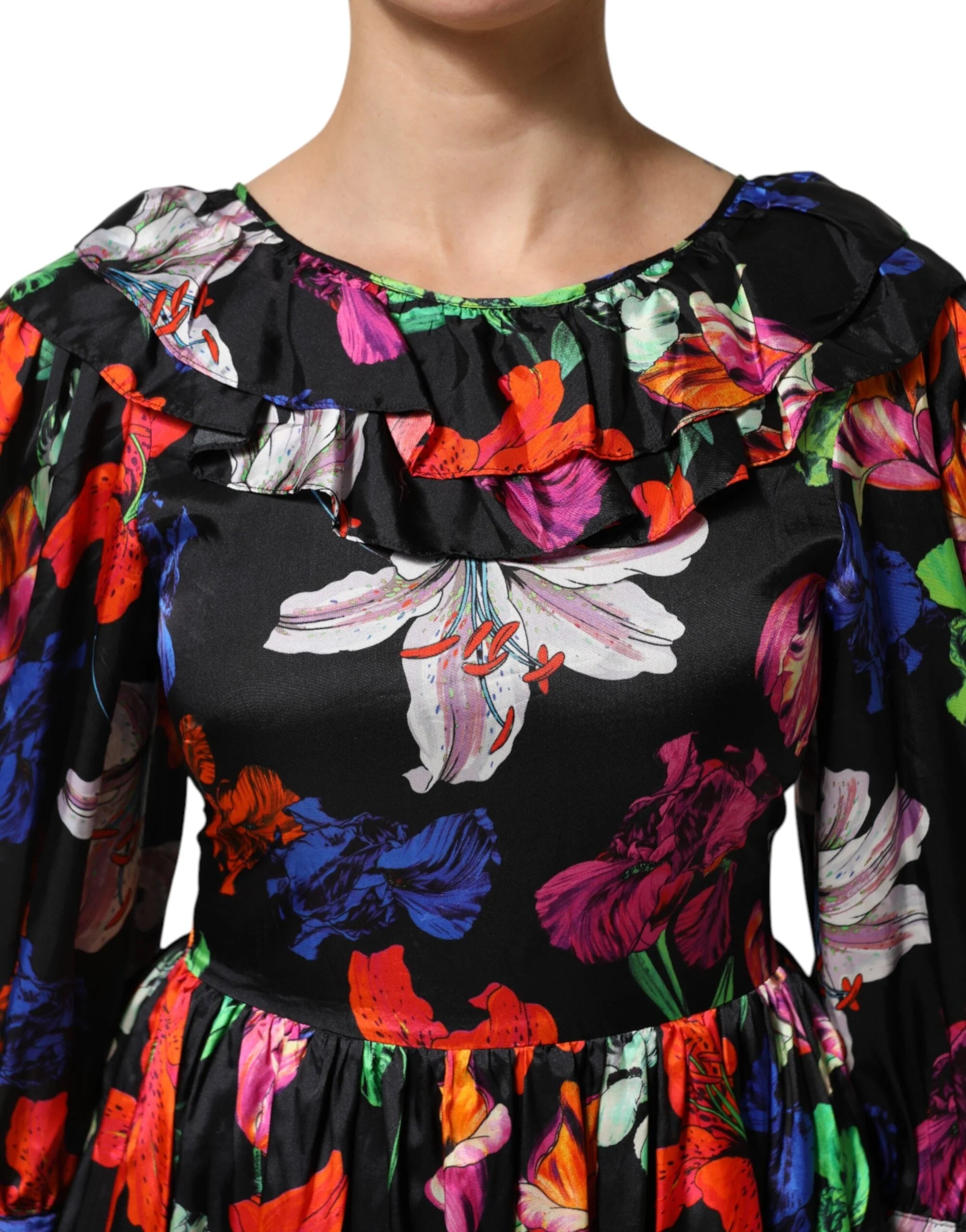 MSGM Dress Black Multicolor Floral Ruffle Long Sleeve Mini Dress - IT40|S - Dresses