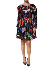 MSGM Dress Black Multicolor Floral Ruffle Long Sleeve Mini Dress - IT40|S - Dresses