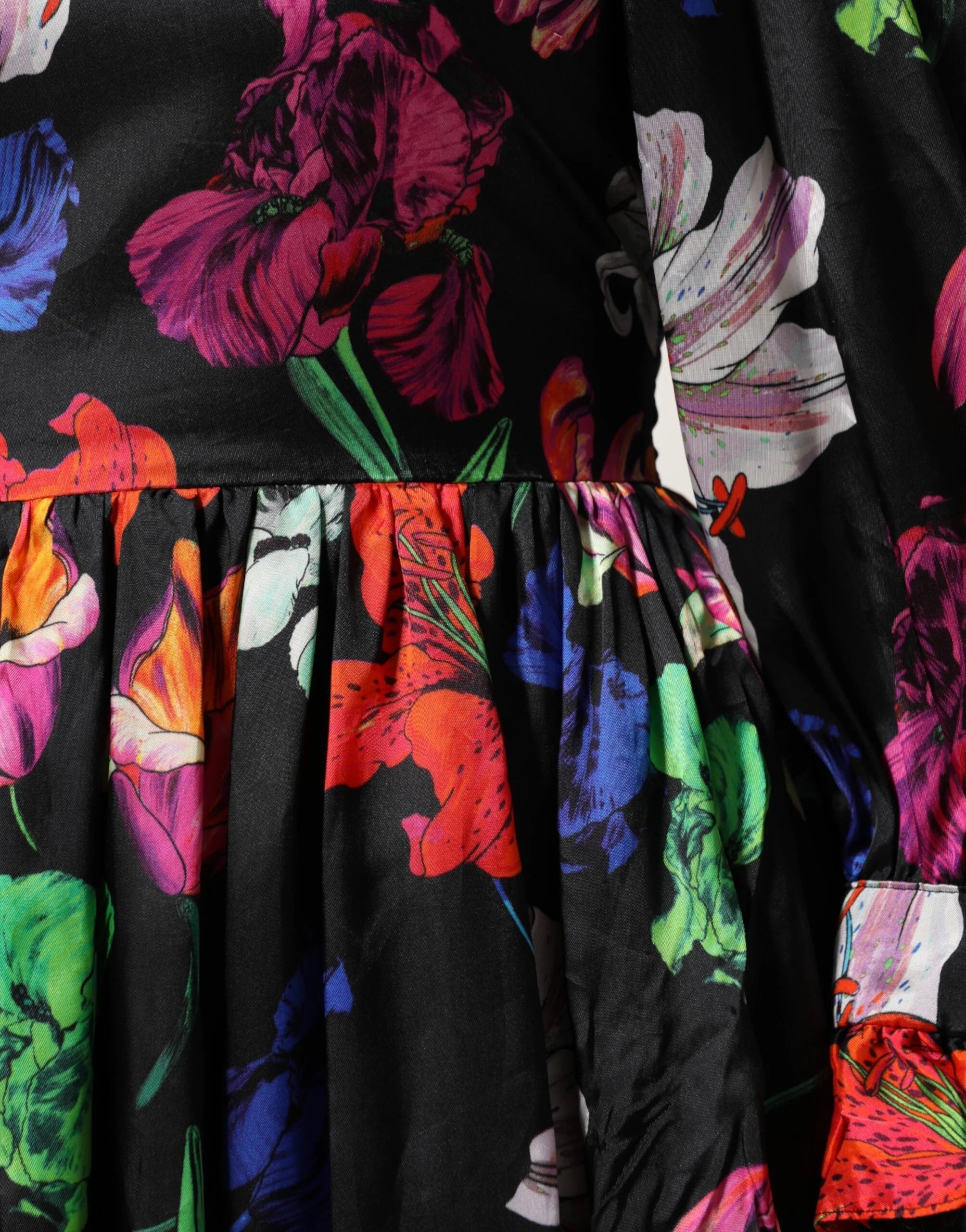 MSGM Dress Black Multicolor Floral Ruffle Long Sleeve Mini Dress - IT40|S - Dresses