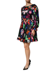 MSGM Dress Black Multicolor Floral Ruffle Long Sleeve Mini Dress - IT40|S - Dresses