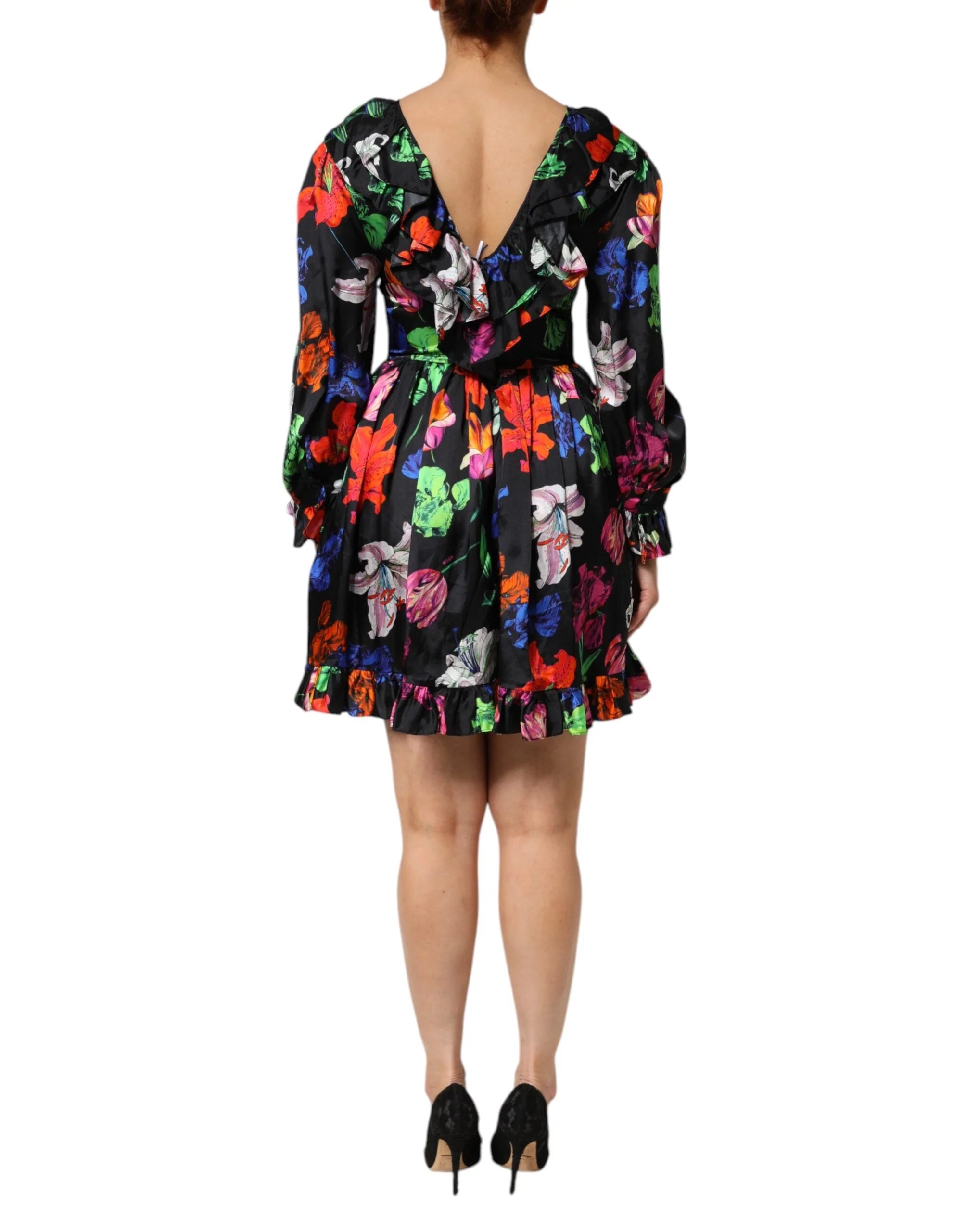 MSGM Dress Black Multicolor Floral Ruffle Long Sleeve Mini Dress - IT40|S - Dresses