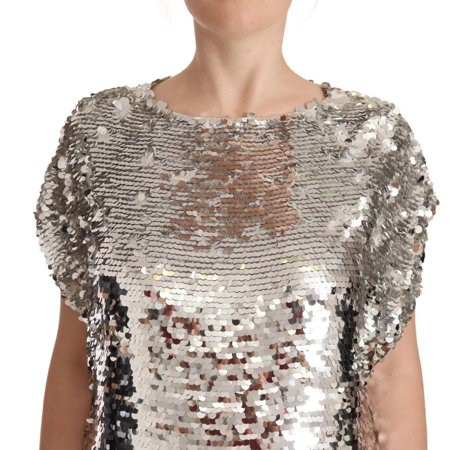 MSGM Silver Sequined Polyester Short Sleeves Shift Mini Dress - IT38|XS - Dresses