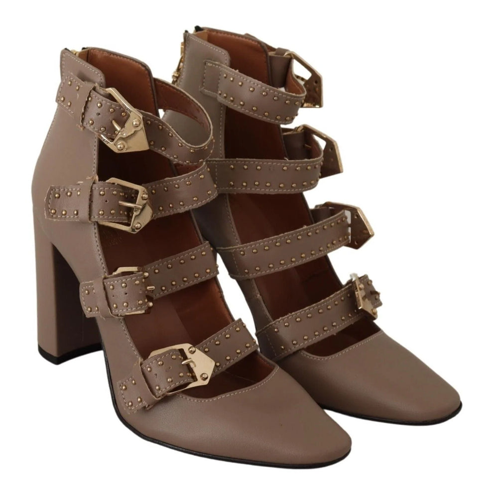 MY TWIN Brown Leather Block Heels Multi Buckle Pumps Shoes - EU37/US6.5