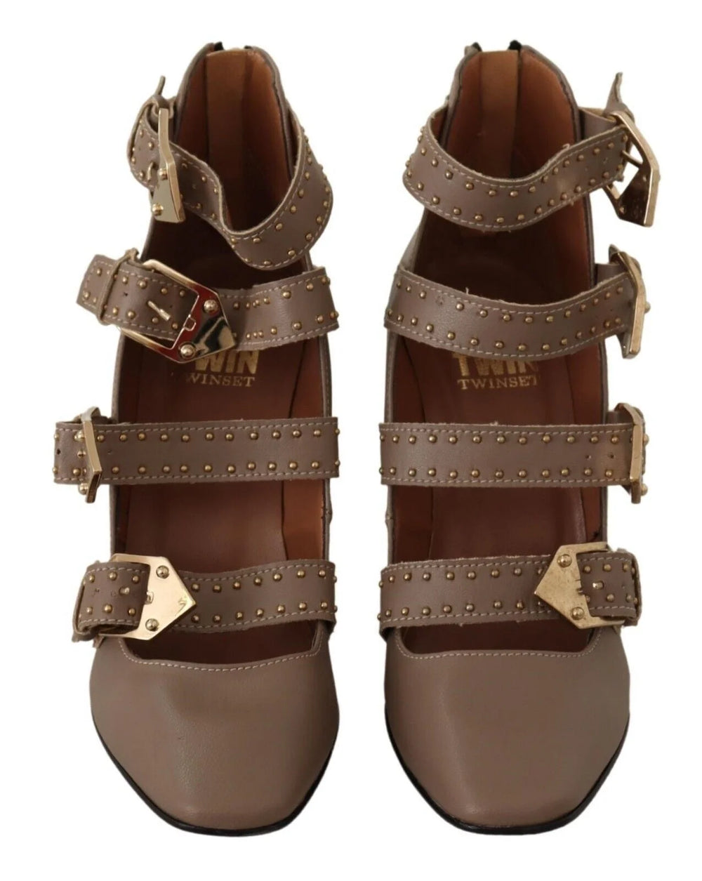 MY TWIN Brown Leather Block Heels Multi Buckle Pumps Shoes - EU37/US6.5