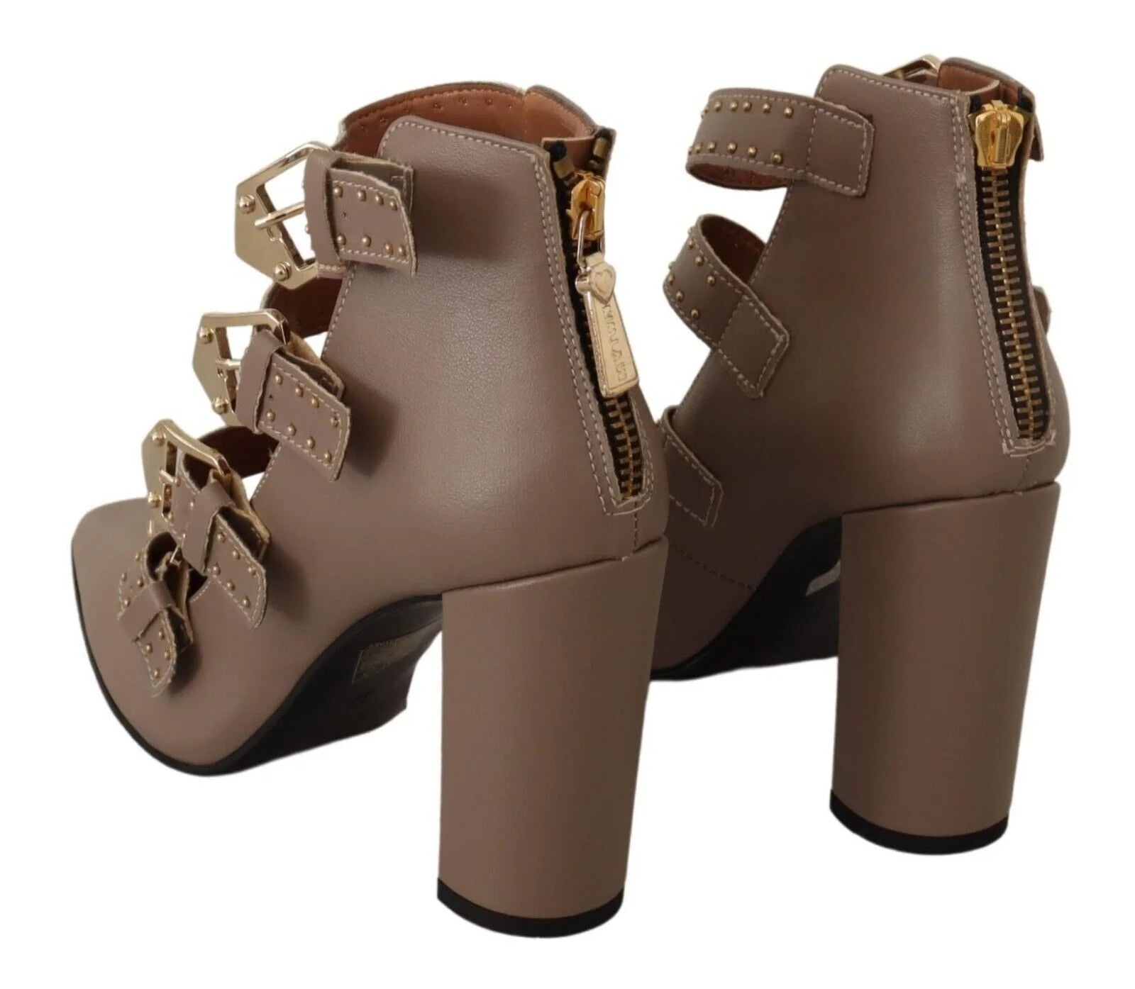 MY TWIN Brown Leather Block Heels Multi Buckle Pumps Shoes - EU37/US6.5