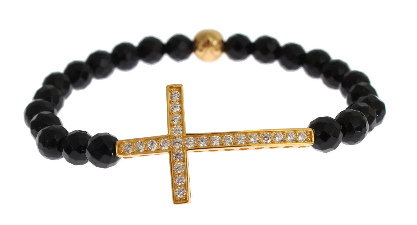 Nialaya Agate Stone Gold CZ Cross 925 Silver Bracelet - M - Bracelets