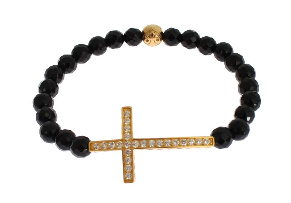 Nialaya Agate Stone Gold CZ Cross 925 Silver Bracelet - M - Bracelets