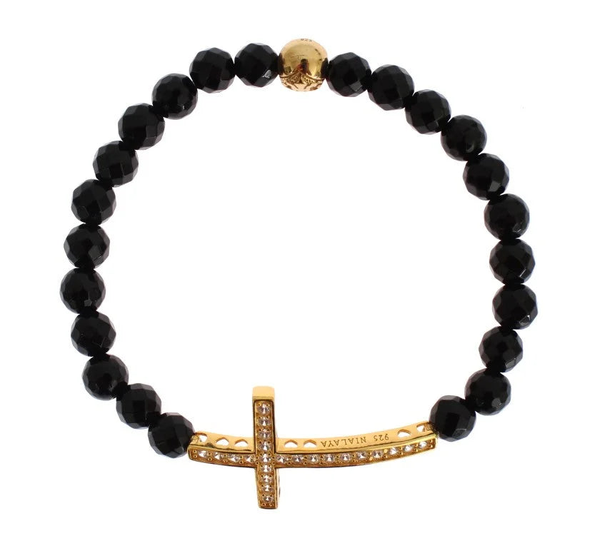 Nialaya Agate Stone Gold CZ Cross 925 Silver Bracelet - M - Bracelets