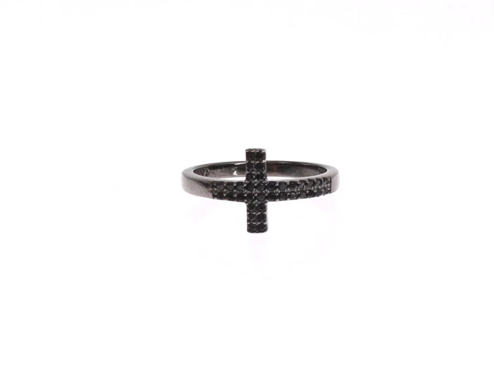 Nialaya Black CZ Cross Rhodium 925 Ring - Rings