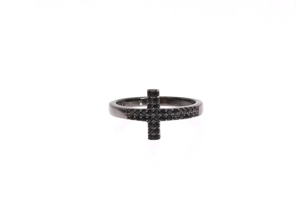 Nialaya Black CZ Cross Rhodium 925 Ring - Rings