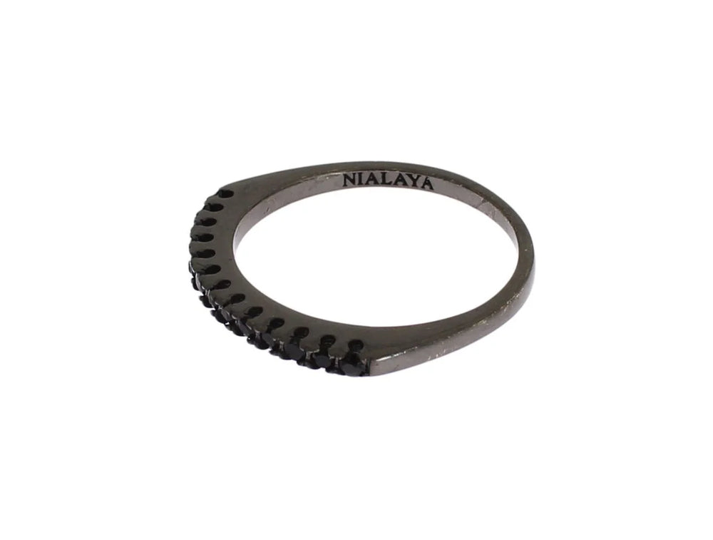 Nialaya Black CZ Rhodium 925 Silver Womens Ring - Rings