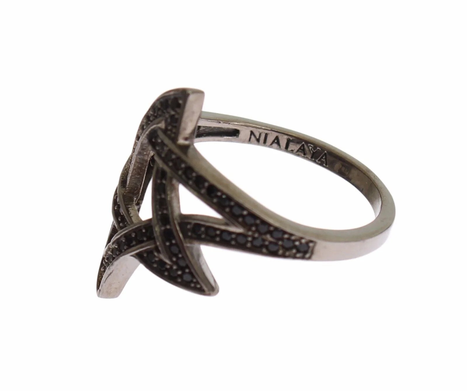 Nialaya Black CZ Rhodium 925 Silver Womens Ring - Rings