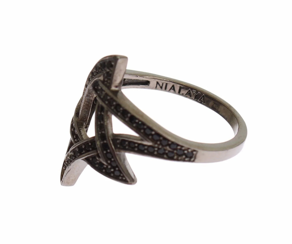 Nialaya Black CZ Rhodium 925 Silver Womens Ring - Rings