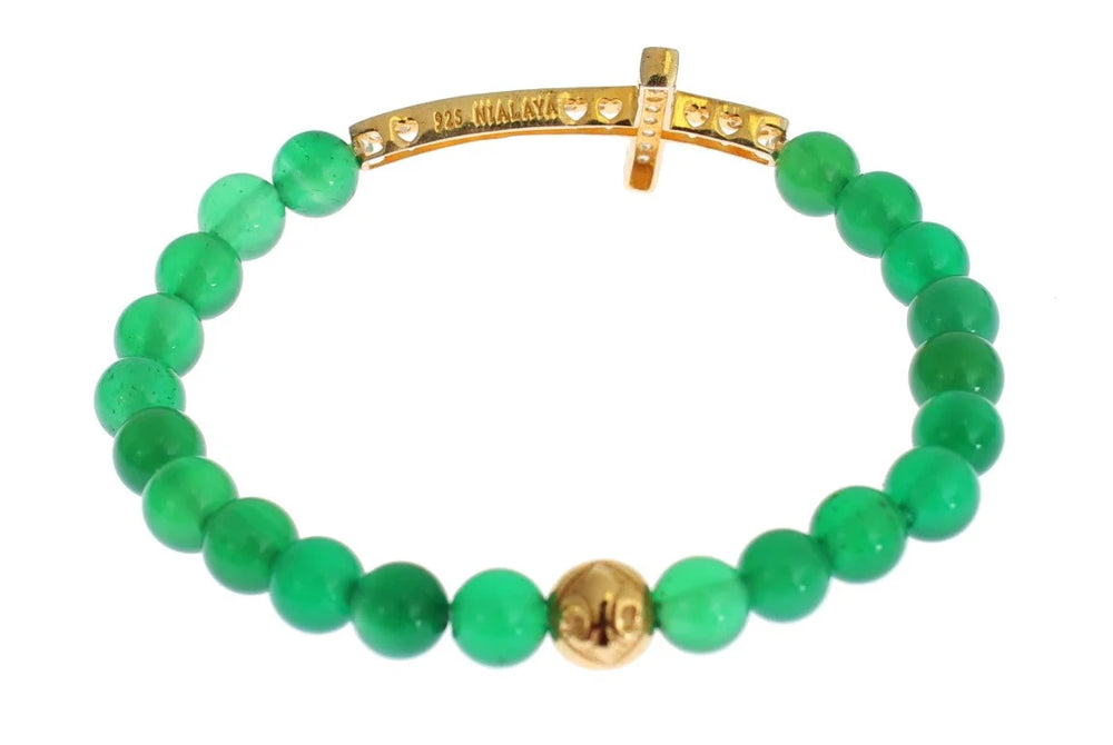 Nialaya Jade Stone Gold CZ Cross 925 Silver Bracelet - Bracelets